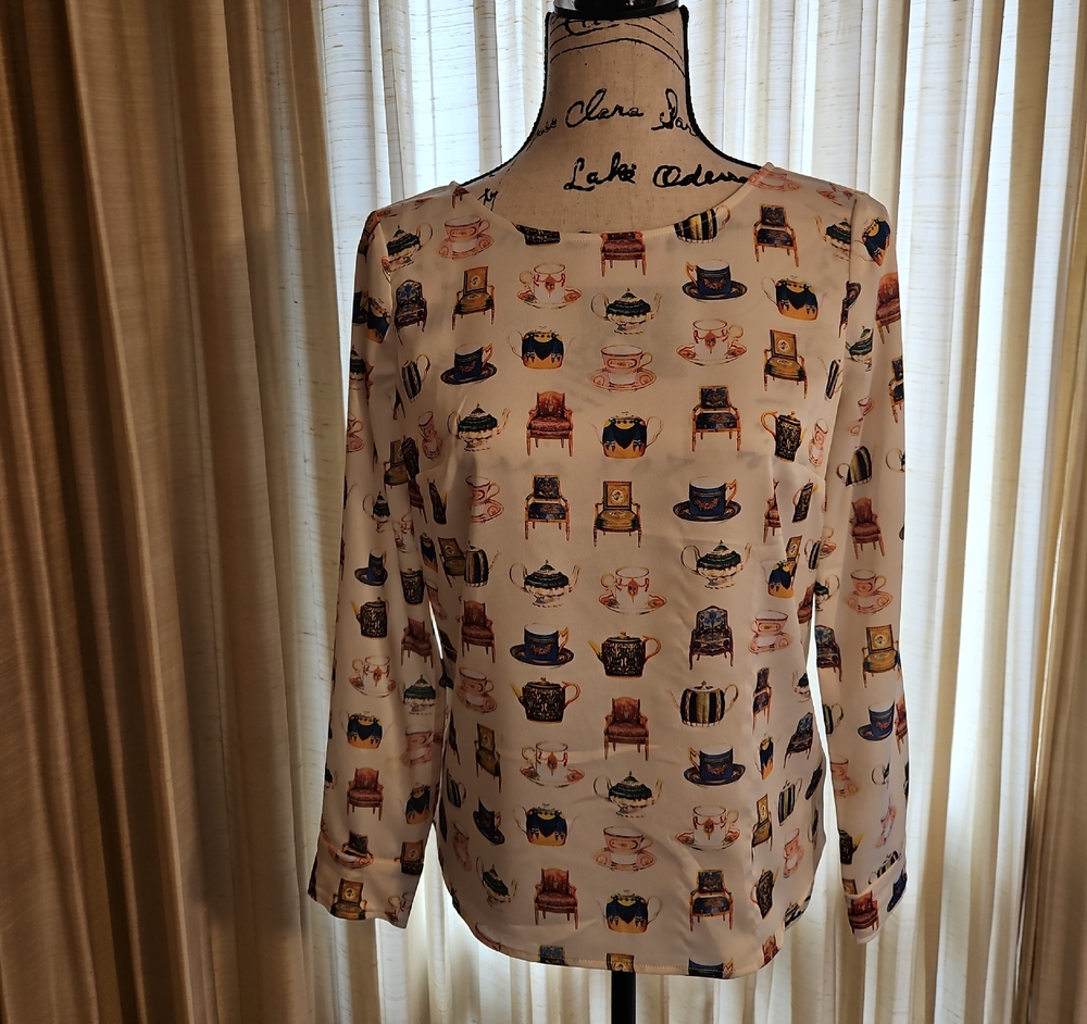 Talbots Cream Long-Sleeve Blouse with Multicolor Chair & Teacup Motif